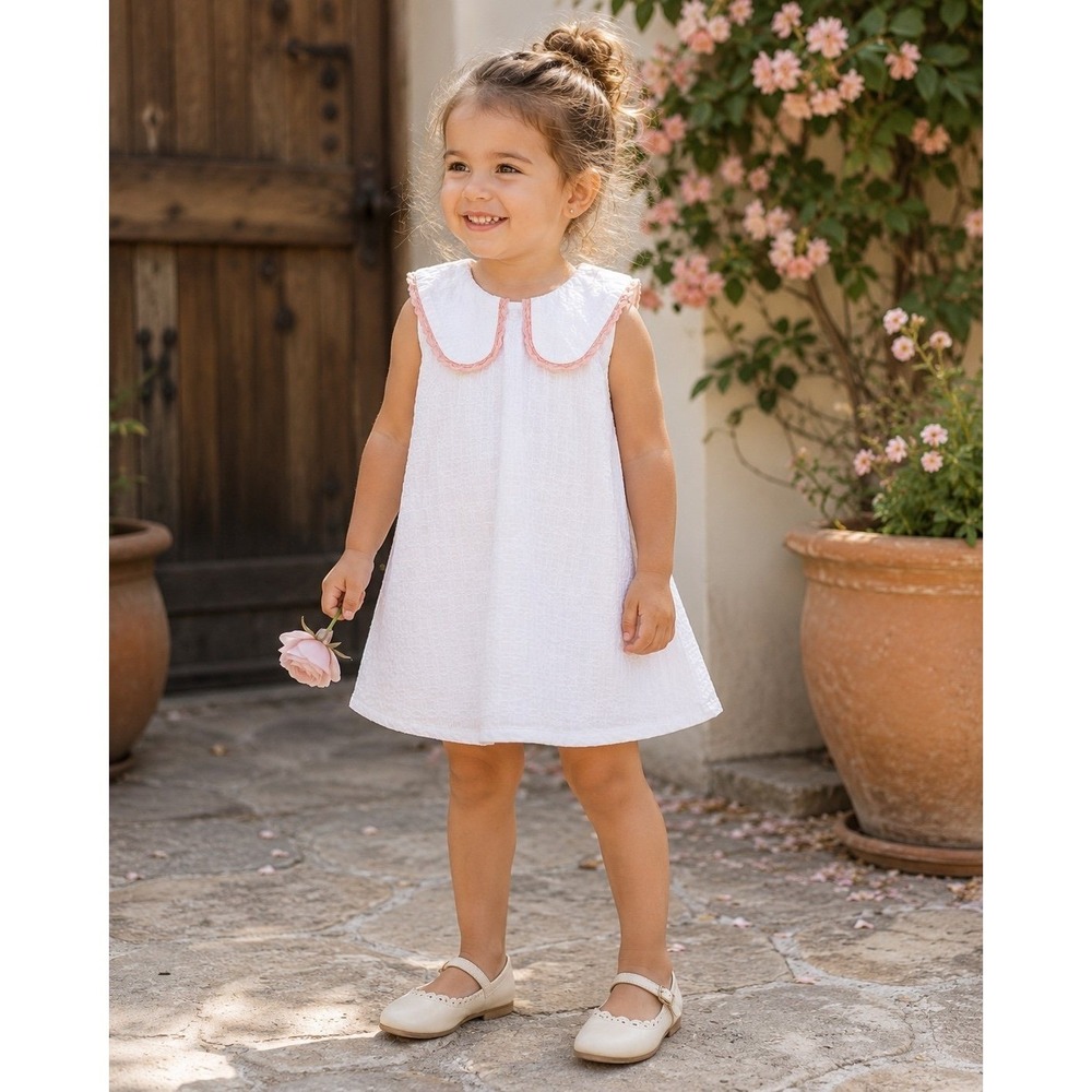 Catherine Malandrino Mini Girls 2T White Textured Dress Pink Trim Cotton